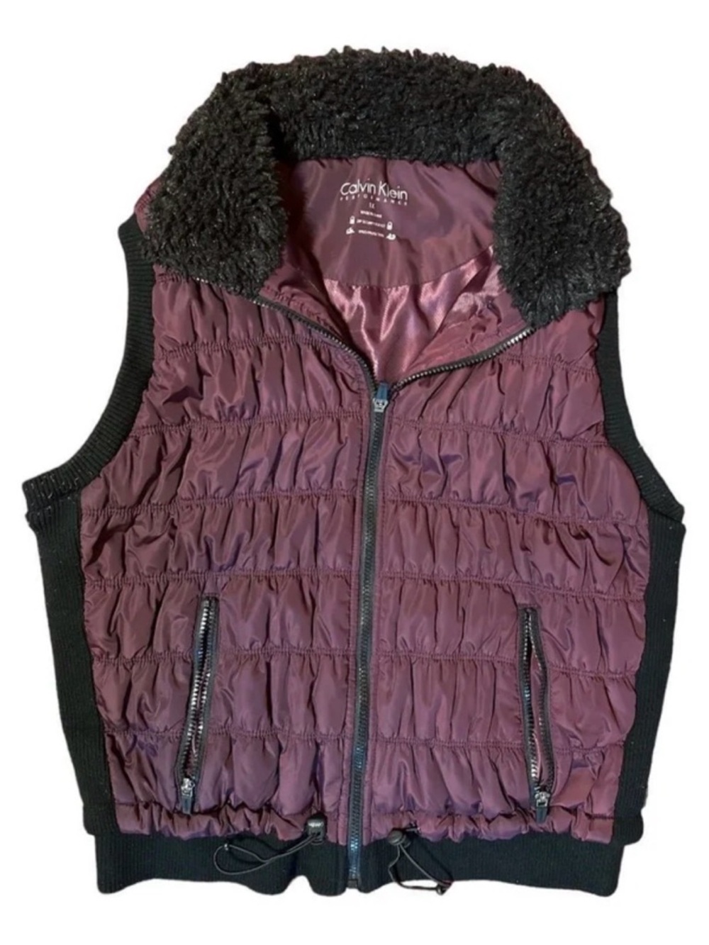 Calvin Klein Deep Plum Quilted Vest with Faux-Sherpa Collar